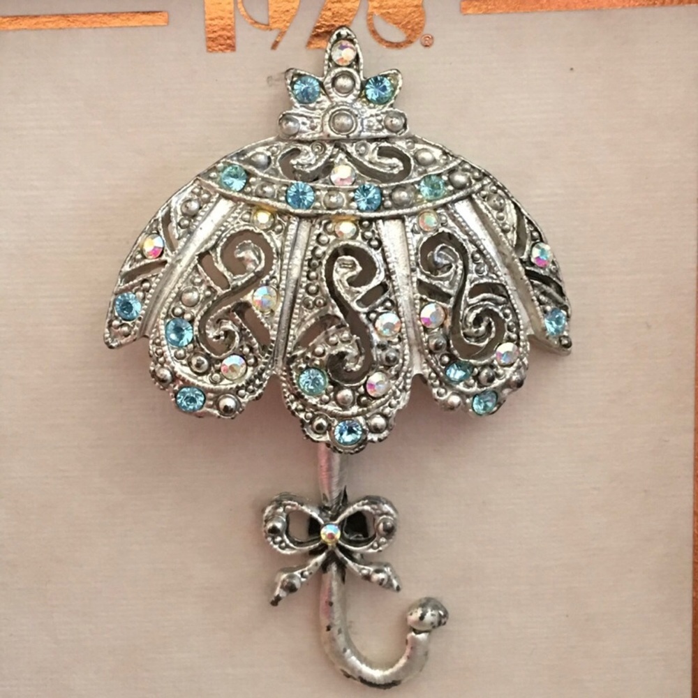 1928 silver tone Parisian umbrella brooch NIB